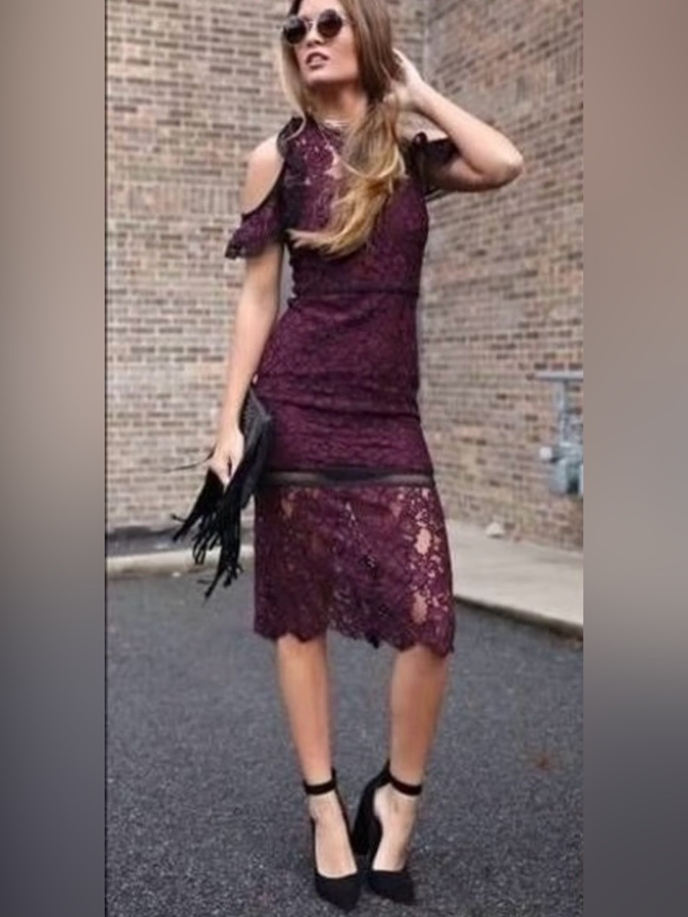 Alexis Evie Gothic Lace Midi Dress Burgundy Black Cold Shoulder Size M